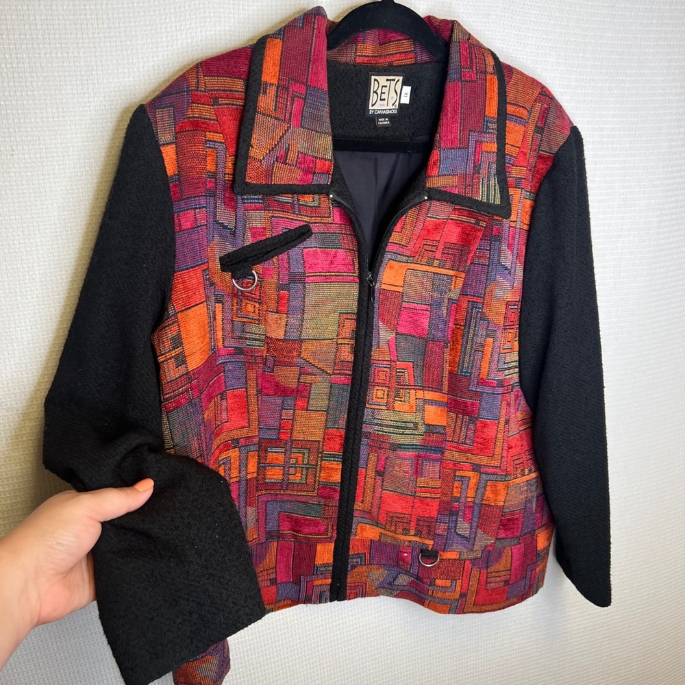 Bets by Canvasbacks Womens 1X Geometric Tapestry Zip Front Jacket Multi-Color